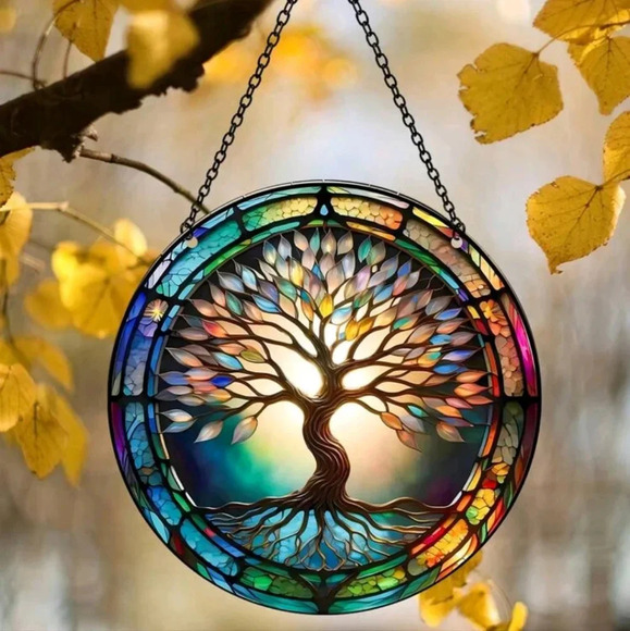 Tree nature weather stained glass style resin decor enamel home hanging picture - Picture 3 of 7